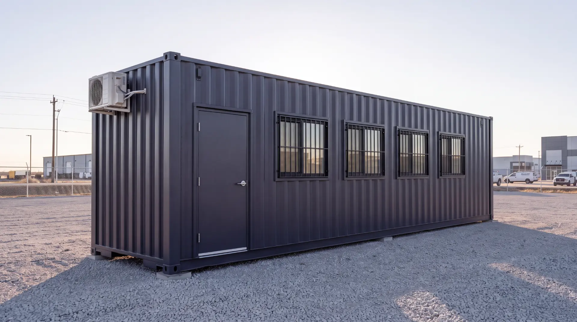 Charcoal ProMod 40' high cube office on a gravel site pad