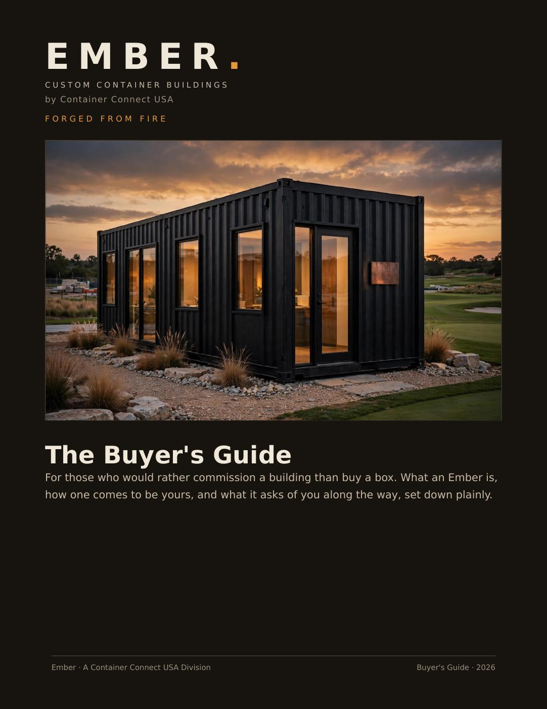 Ember Buyer's Guide cover — custom container building at sunset